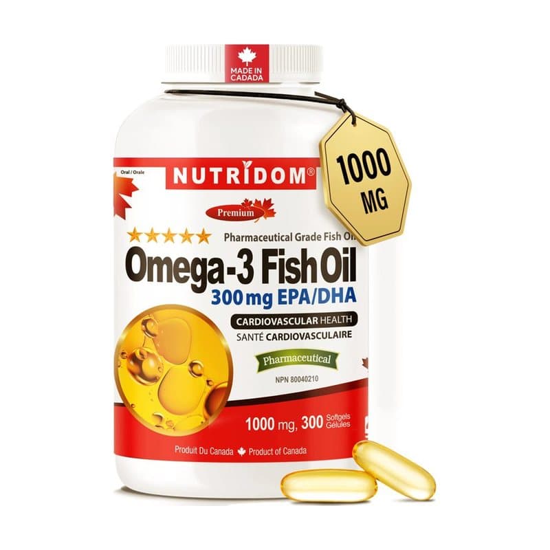 Nutridom Omega-3 Fish Oil 1000mg | EPA 180mg DHA 120mg | Cardiovascular Health | 300 Softgels