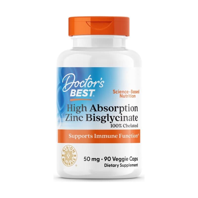 Doctor's Best High Absorption Zinc Bisglycinate, 100% Chelated, 50 mg, 90 Veggie Caps